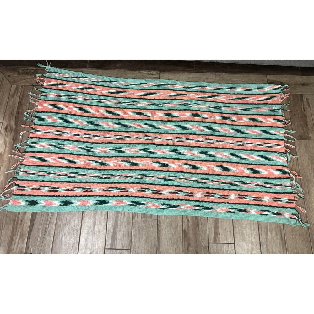 Vintage‎ Handmade Crochet Southwest Style Throw Blanket Afghan 37x72 Fringe
